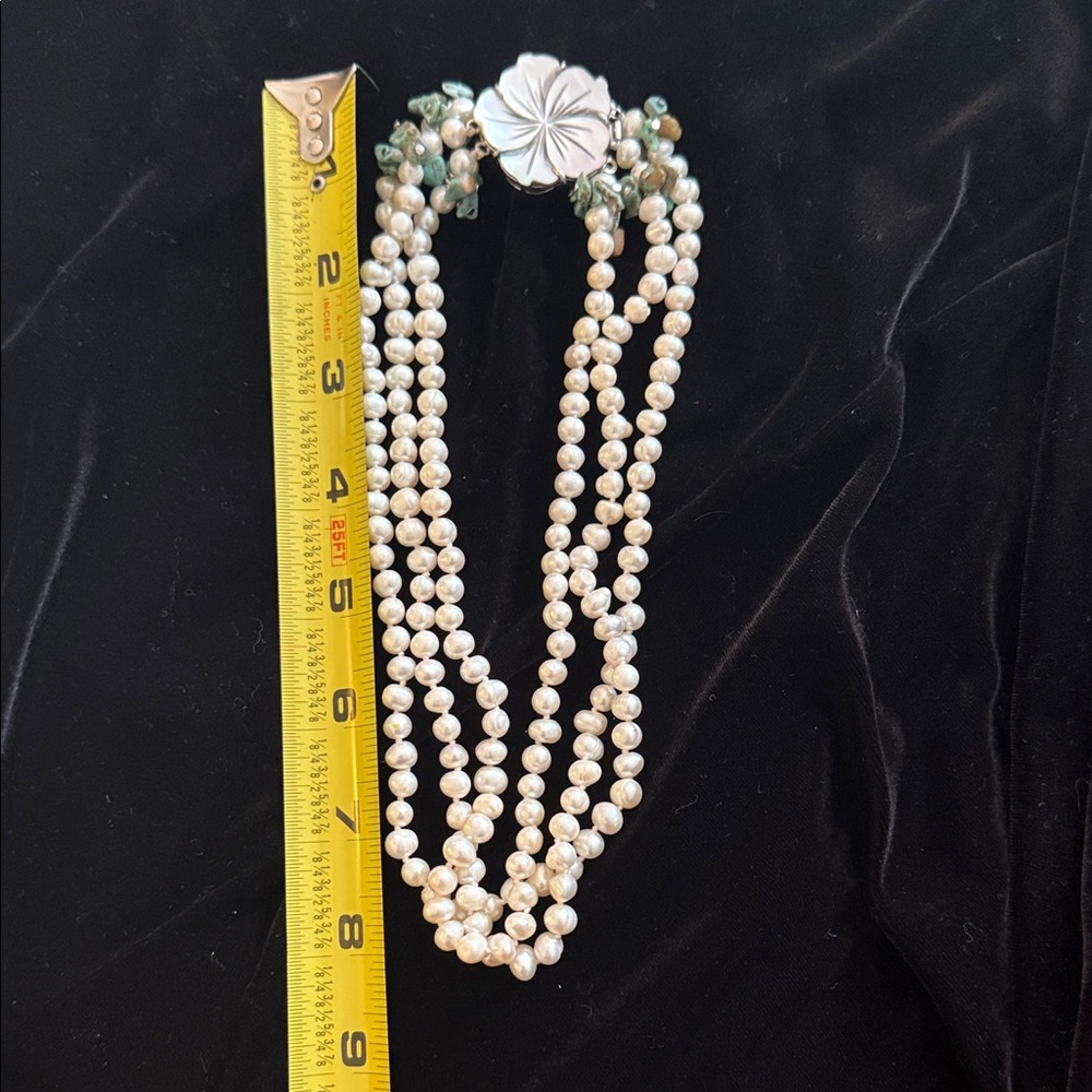 Hand Crafted Triple Strand Genuine Freshwater Pearl Turquoise Necklace Classic - Picture 4 of 5